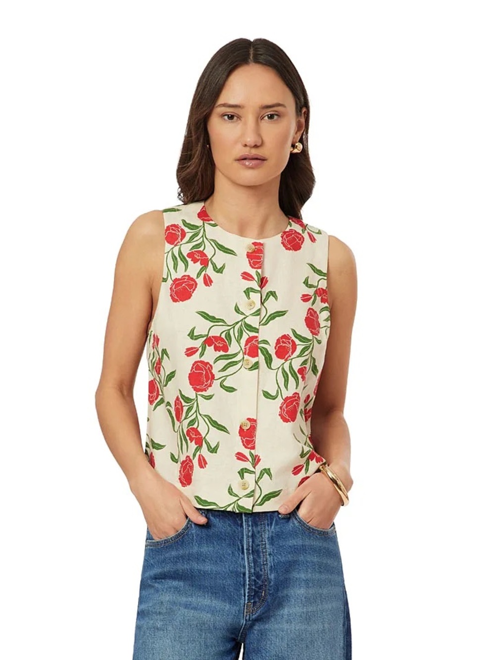 SCOTCH & SODA linen blend floral sleeveless button up shirt